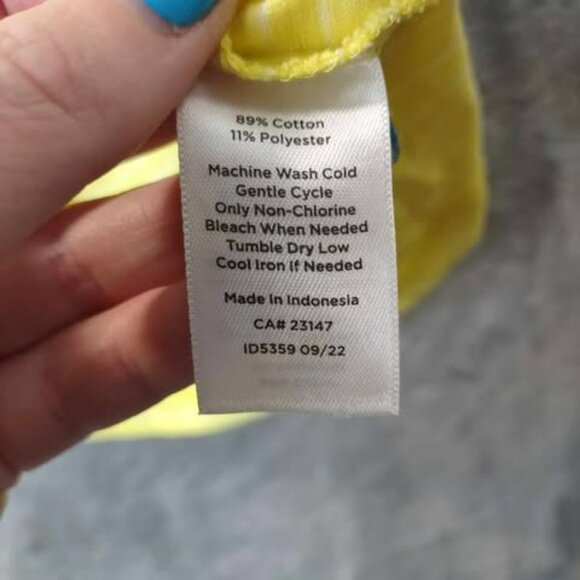 Talbots M Yellow Striped ShortSleeve Pocket Button Back Detail preppy casual Top - Picture 8 of 9